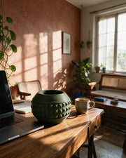 Pyramid Globe Planter – on a work desk in morning sun