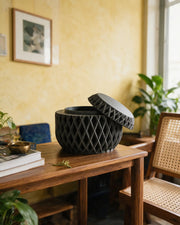 Quilt Jar – styled on a console