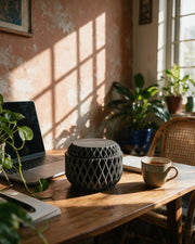 Quilt Jar – on a work desk in morning sun