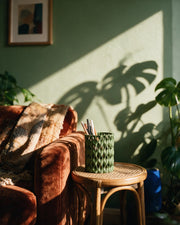 Quilt Pen Cup – on a side table at golden hour
