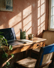 Quilt Pen Cup – on a work desk in morning sun
