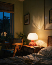 Quilted Dome Table Lamp – at night on a bedside table