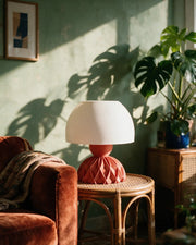 Quilted Dome Table Lamp – on a side table at golden hour
