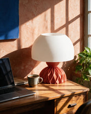 Quilted Dome Table Lamp – on a work desk in morning sun