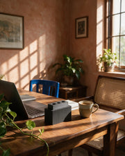 Rib Block Holder – on a work desk in morning sun
