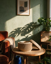 Rib Bowl Jar – on a side table at golden hour
