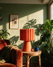 Rib Drum Mini Lamp – on a side table at golden hour