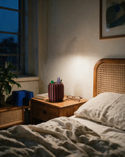 Rib Drum Pen Cup – at night on a bedside table