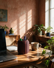 Rib Drum Pen Cup – on a work desk in morning sun