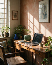 Rib Globe Planter – on a work desk in morning sun