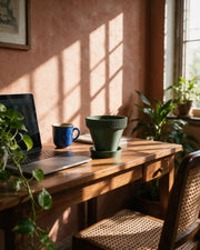 Rib Saucer Planter – on a work desk in morning sun