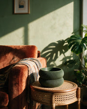 Ribbed Basin Planter – on a side table at golden hour