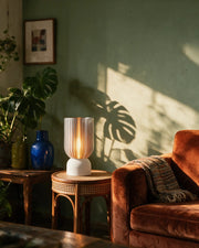Ribbed Cylinder Table Lamp – on a side table at golden hour