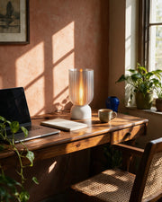 Ribbed Cylinder Table Lamp – on a work desk in morning sun