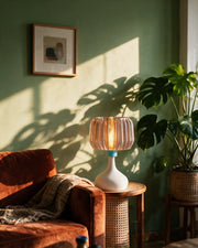 Ribbed Globe Table Lamp – on a side table at golden hour