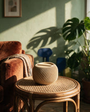 Ribbed Lidded Jar – on a side table at golden hour