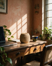 Ribbed Lidded Jar – on a work desk in morning sun