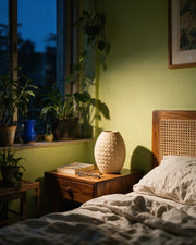 Scale Oval Vase – at night on a bedside table