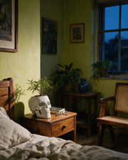 Skull Planter – at night on a bedside table