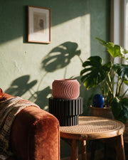 Slat Pedestal Display Stand – on a side table at golden hour