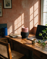 Slat Pedestal Display Stand – on a work desk in morning sun