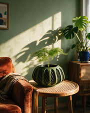 Spiral Cage Planter – on a side table at golden hour