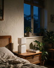Step Block Vase – at night on a bedside table