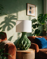 Twist Lattice Table Lamp – on a side table at golden hour