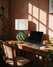 Twist Lattice Table Lamp – on a work desk in morning sun