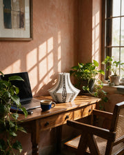 Voronoi Panel Vase – on a work desk in morning sun