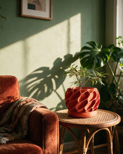 Voronoi Shell Planter – on a side table at golden hour
