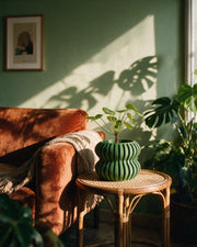 Wave Flute Planter – on a side table at golden hour