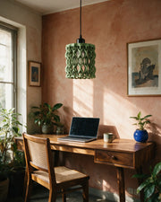 Wave Lattice Pendant Light – on a work desk in morning sun