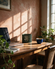 Woven Cage Planter – on a work desk in morning sun
