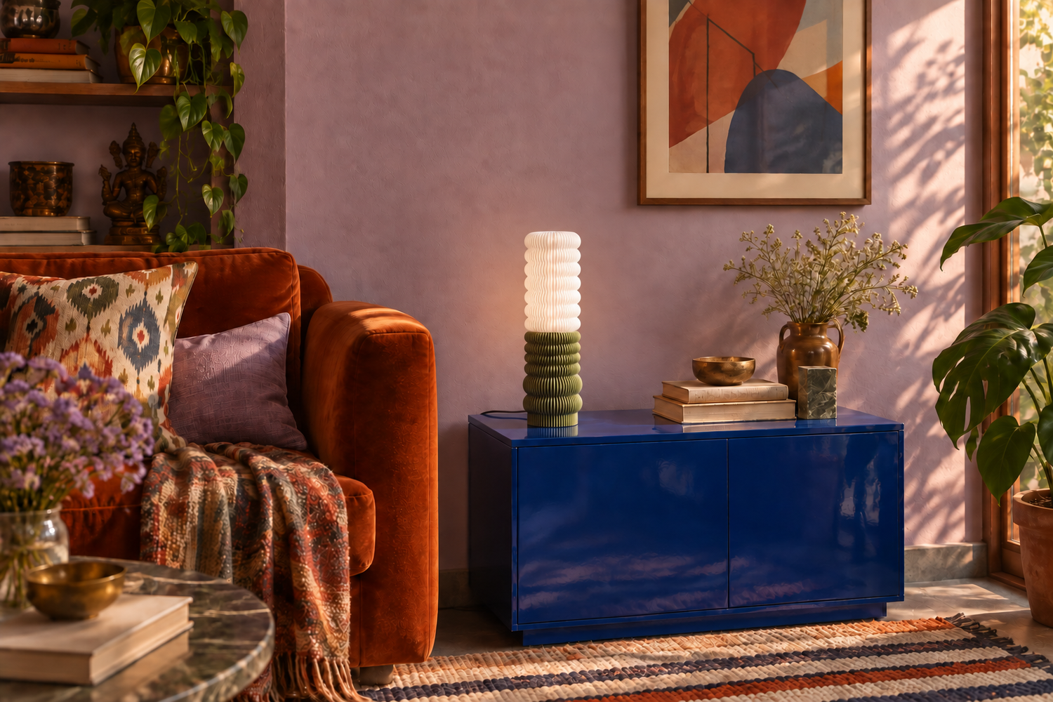 AI-styled reading corner with the olive Kasane lamp, blue cabinet and rust sofa
