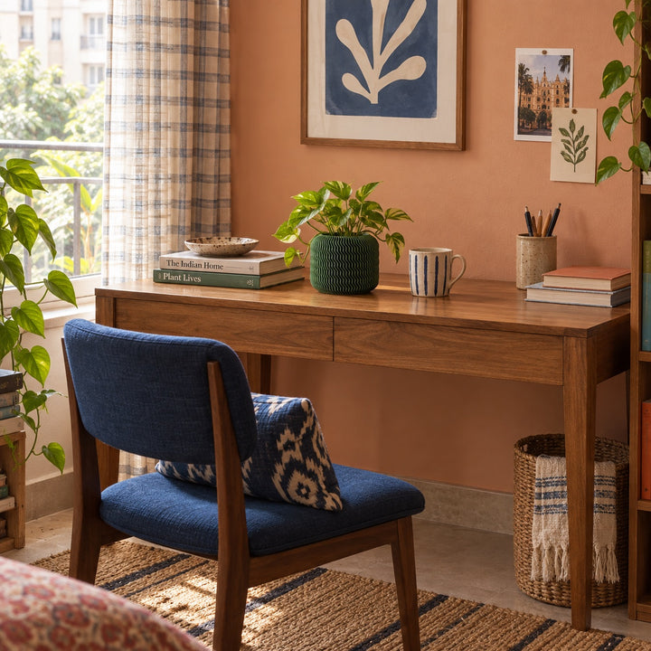 AI-styled room idea: Small green Malibu pot with a plant on a desk by a window