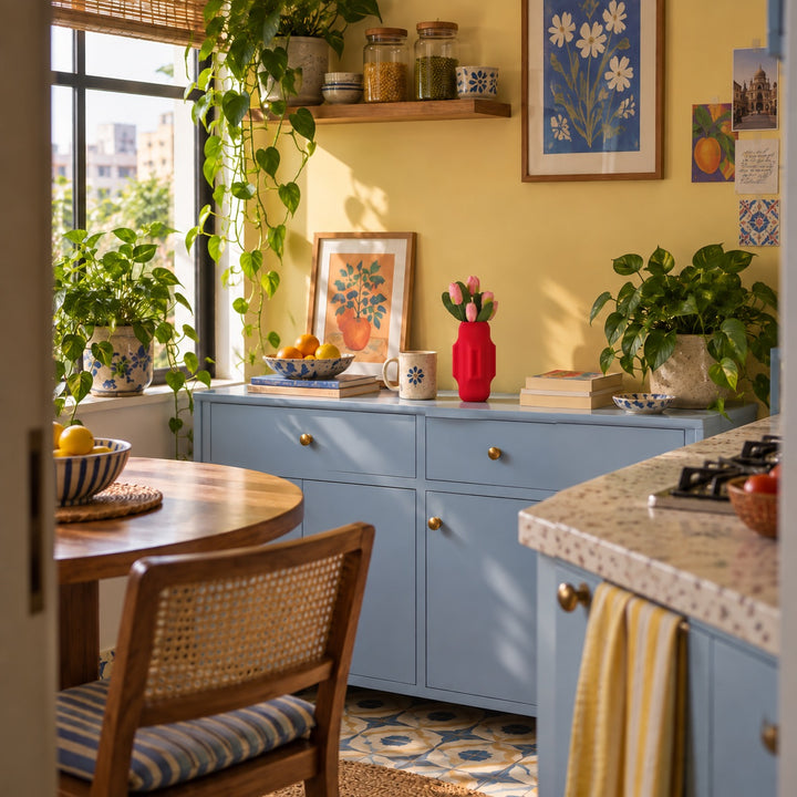 AI-styled room idea: Small red Night Shift vase in a blue and yellow breakfast nook